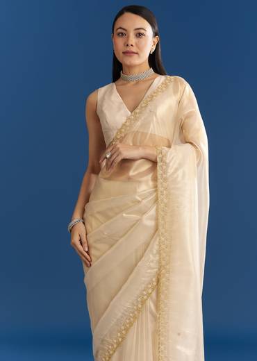 Beige Organza Tissue Saree With Embroidered Scallop