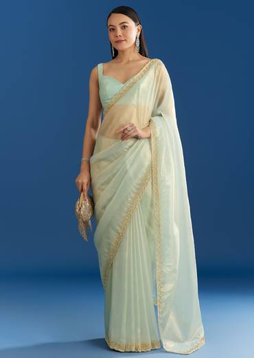 Aqua Blue Organza Tissue Embellishd Saree With Scallop Border