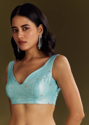 Sea Blue Glass Tissue Saree With Cutdana And Beads Scallop Border