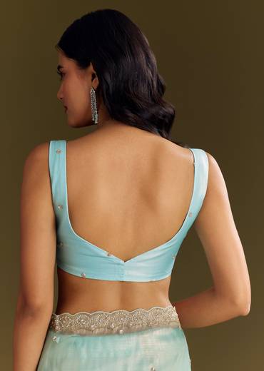 Sea Blue Glass Tissue Saree With Cutdana And Beads Scallop Border