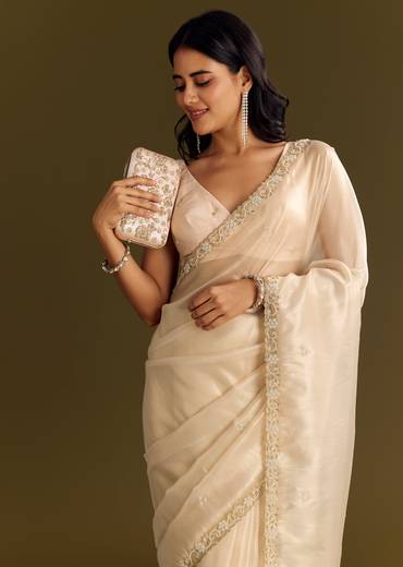 Beige Organza Tissue Saree With Cutdana And Beads Scallop Border