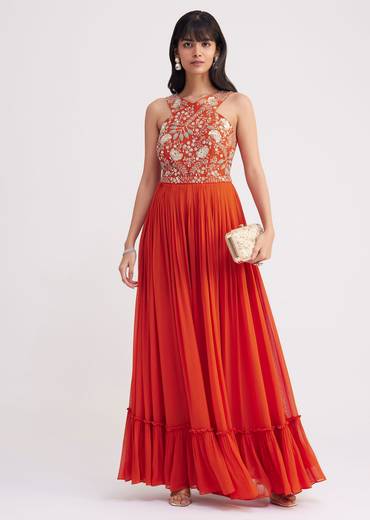 Orange Georgette Embroidered Jumpsuit With Belt
