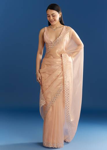 Peach Organza Tissue Saree With Cutdana Embellished Border
