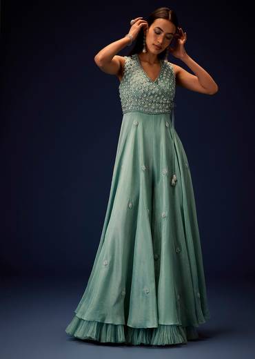 Azure Blue Hand Embroided Double Layer Organza Frill Jumpsuit