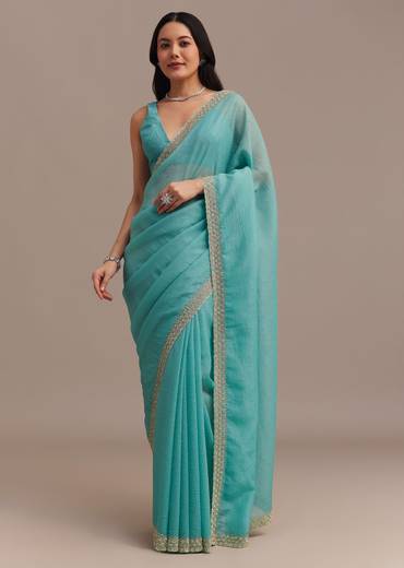 Light Blue Crushed Tissue Saree Embroidered With Cutdana And Stones