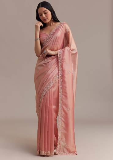 Metallic Pink Organza Tissue Saree With Cutdana And Bead Embroidery
