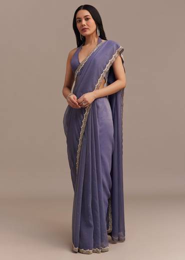 Dark Lavender Crushed Tissue Saree With Stone And Cutdana Embellished Border