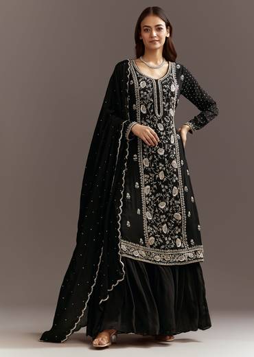 Black Cutdana And Sequins Kurta With Chinon Sharara And Dupatta
