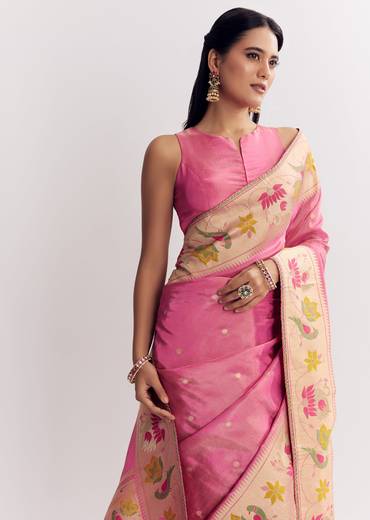 Pink Dola Silk Paithani Saree With Dollar Butti And Multicolor Motif