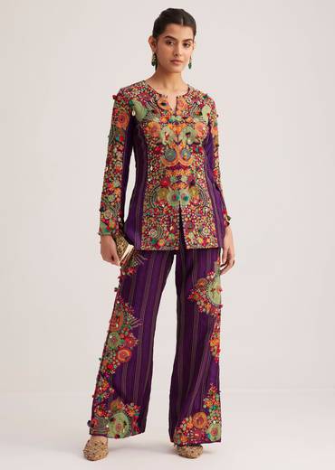 Purple Silk Kurta Palazzo Set With Resham And Zari Embroidery