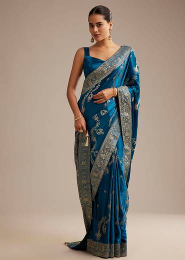 Teal Blue Satin Saree With Zari Woven Work