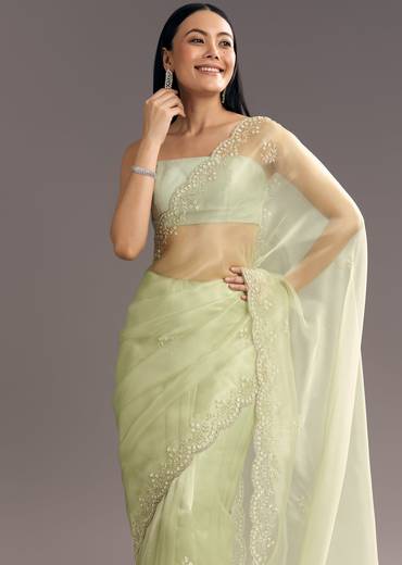 Apple Green Glass Tissue Saree With Cutdana Embroidery