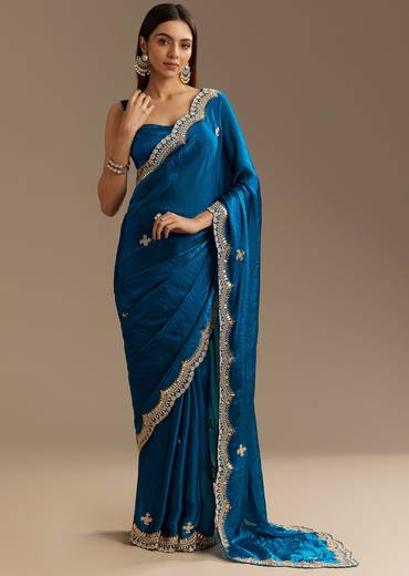 Peacock Blue Satin Saree With Gotapatti Zardosi Stones And Cutdana Embroidery