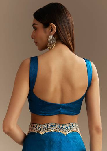 Peacock Blue Satin Saree With Gotapatti Zardosi Stones And Cutdana Embroidery