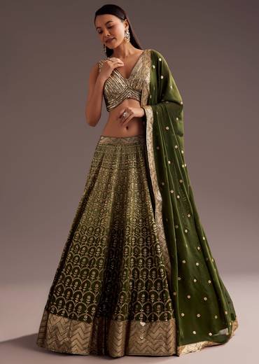Green Gold Ombre Sequins Zari Georgette Lehenga Set
