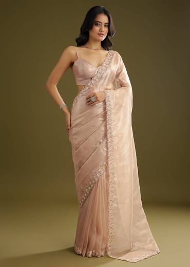 Pastel Peach Glass Tissue Stone Embellished Saree With Cutwork Border