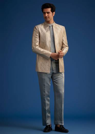 Blue Banarasi Silk Jodhpuri Suit With Pin Tuck Double Collar