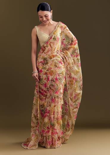 Beige Organza Saree With Beaded Border And Floral Print