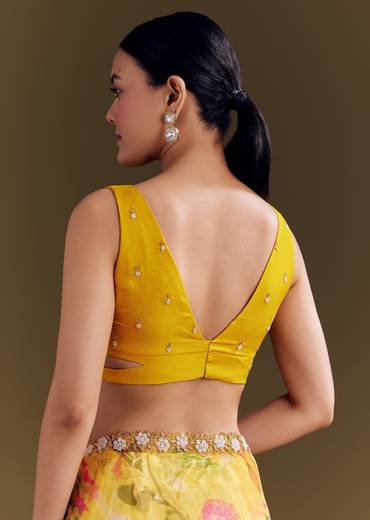 Sunny Festive Couple Set – Yellow Organza Floral Saree With Beaded Border For Her And Orange Tie-Dye Jacket Kurta Set With Mirror Work For Him