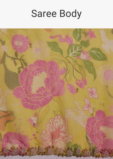 Sunny Festive Couple Set – Yellow Organza Floral Saree With Beaded Border For Her And Orange Tie-Dye Jacket Kurta Set With Mirror Work For Him