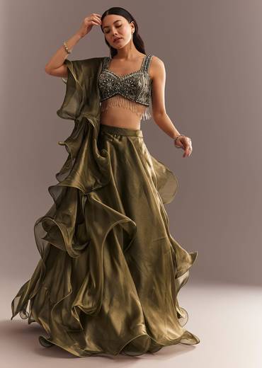 Mehendi Green Organza Choli Lehenga With Ruffled Dupatta