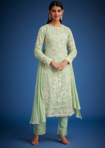 Pista Green Organza Embroidered Straight Kurta Set