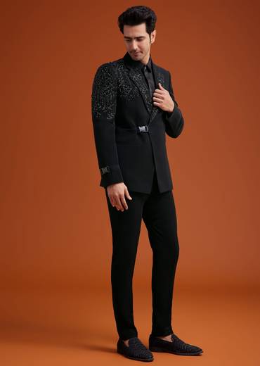 Black Tuxedo With Asymmetric Beaded Embellishments