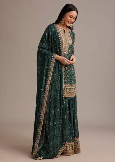 Dark Green Bandhani Kurta Set With Shell Tassel Detailing