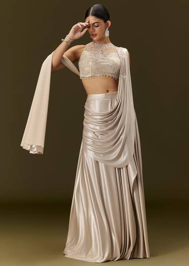 Ivory Lycra Draped Saree With Embroidered Blouse