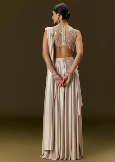 Ivory Lycra Draped Saree With Embroidered Blouse