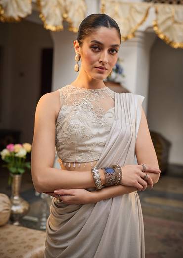 Ivory Lycra Draped Saree With Embroidered Blouse