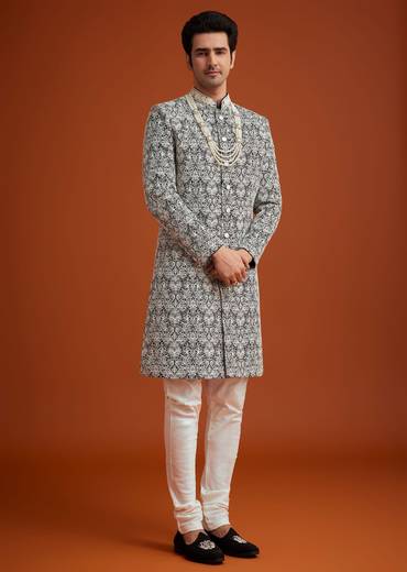 Black Silk Sherwani Set With Bead Work And Embroidery