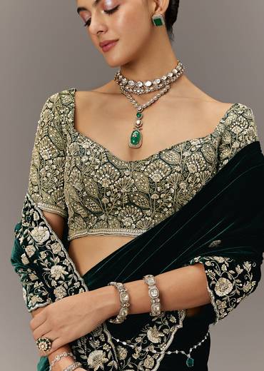 Green Velvet Saree With Brocade Embroidered Blouse