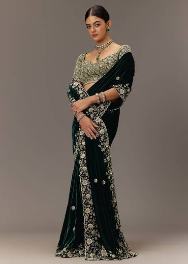 Green Velvet Saree With Brocade Embroidered Blouse