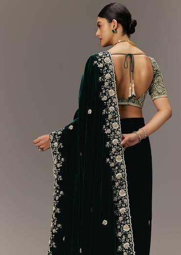 Green Velvet Saree With Brocade Embroidered Blouse