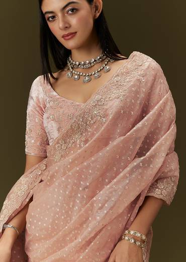 Peach Banarasi Tissue Saree With Velvet Embroidered Blouse