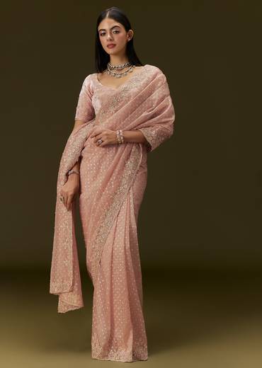 Peach Banarasi Tissue Saree With Velvet Embroidered Blouse