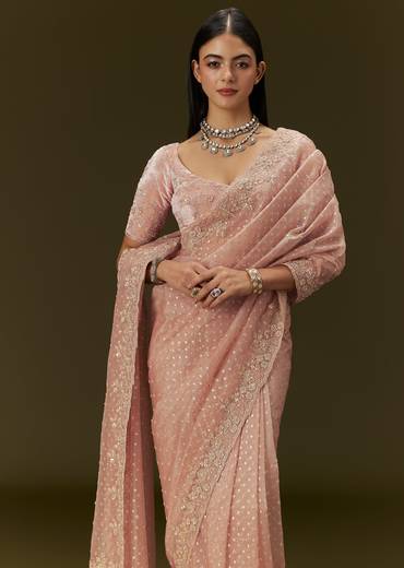 Peach Banarasi Tissue Saree With Velvet Embroidered Blouse