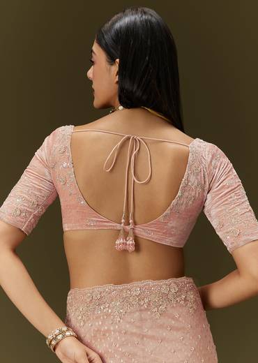 Peach Banarasi Tissue Saree With Velvet Embroidered Blouse