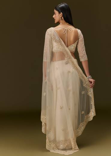 Beige Net Saree With Heavy All Over Embroidery