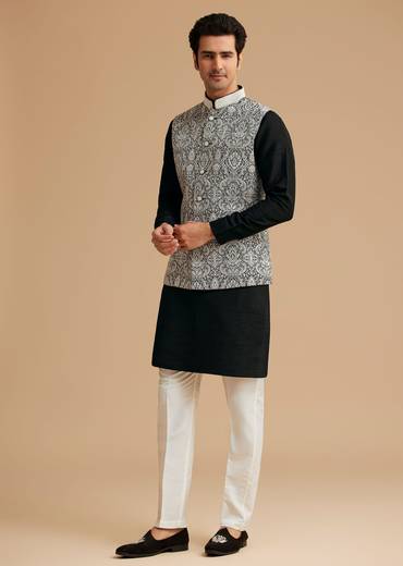 Black Kurta Jacket Set With Resham Work And Hand Embroidered Collar