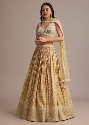 Light Yellow Printed Lehenga Set With Mirror And Moti Work