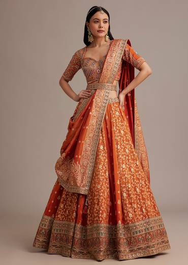 Rust Orange Tissue Lehenga Set With Resham Zari And Sequins Work