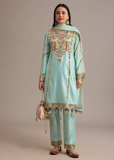 Sky Blue Silk Kurta Set With Mirror And Thread Work