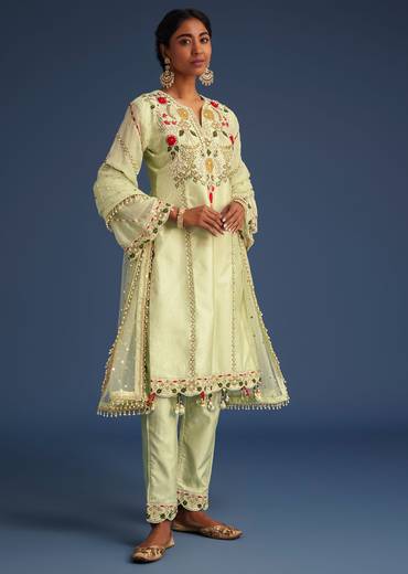 Mint Green Silk Kurta Set With Embroidery