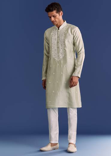 Light Grey Raw Silk Kurta Set With Embroidery