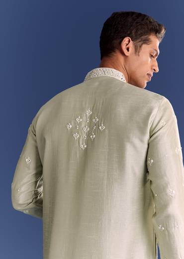 Light Grey Raw Silk Kurta Set With Embroidery