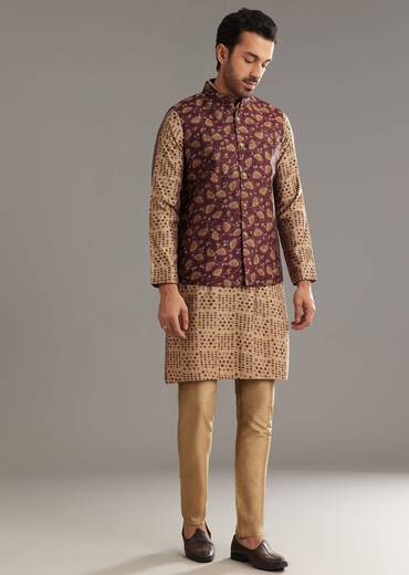 Wine Kurta Jacket Set In Modal Chanderi With Printed Design