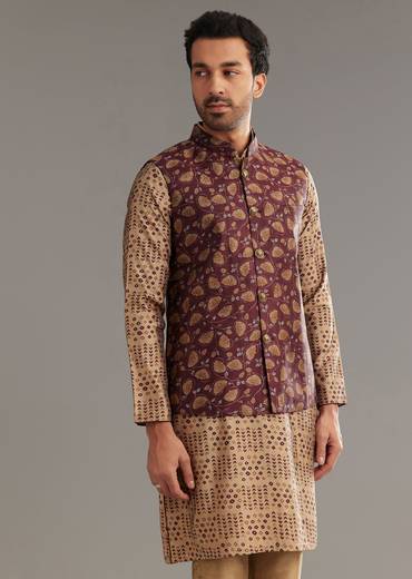 Wine Kurta Jacket Set In Modal Chanderi With Printed Design
