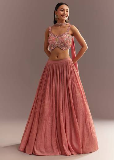 Peach French Tissue Lehenga Choli With Choker Dupatta